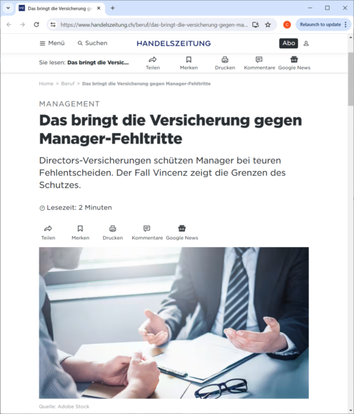 Handelszeitung - Expertenmeinung von Markus Haefeli, Managing Partner, Haefeli & Schroeder Financial Lines AG